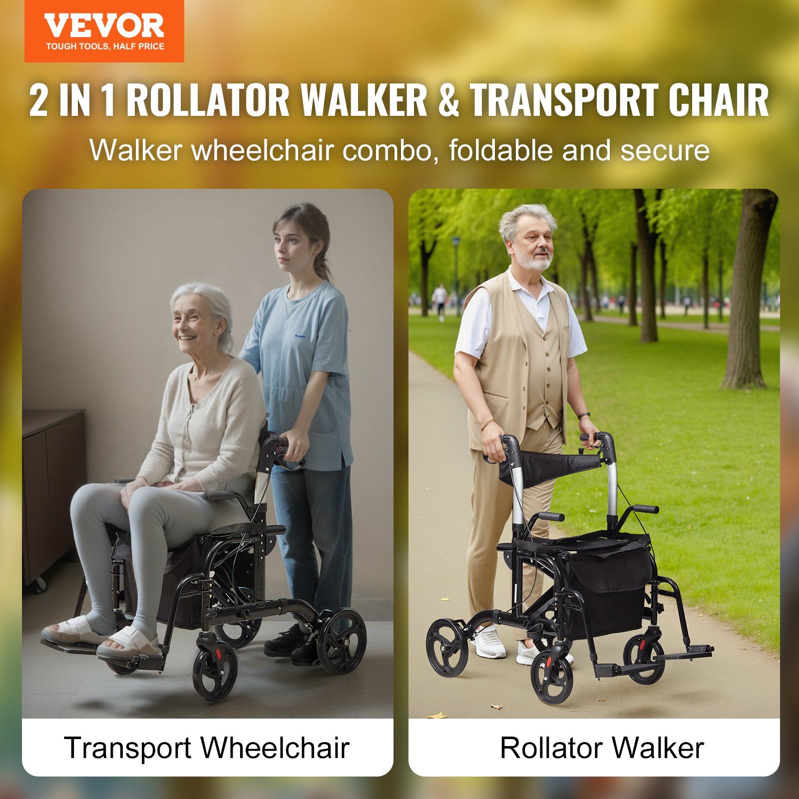 2 in 1 Rollator Walker & Transport Chair for Seniors, Folding Rolling Walker Wheelchair Combo & Footrests, V952-EHYZXQCKJLQ8L86XDV0