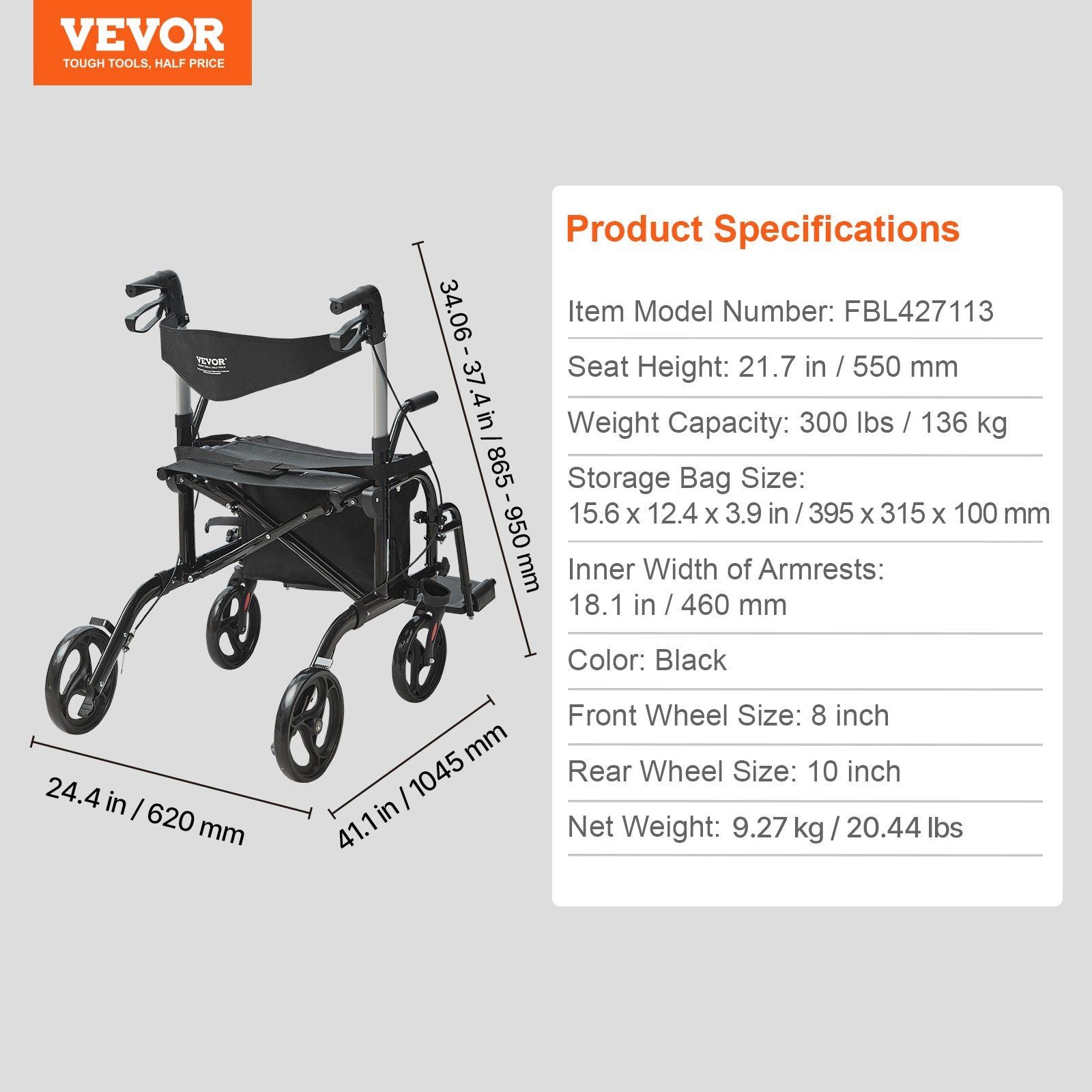 2 in 1 Rollator Walker & Transport Chair for Seniors, Folding Rolling Walker Wheelchair Combo & Footrests, V952-EHYZXQCKJLQ8L86XDV0