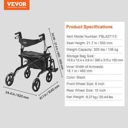 2 in 1 Rollator Walker & Transport Chair for Seniors, Folding Rolling Walker Wheelchair Combo & Footrests, V952-EHYZXQCKJLQ8L86XDV0