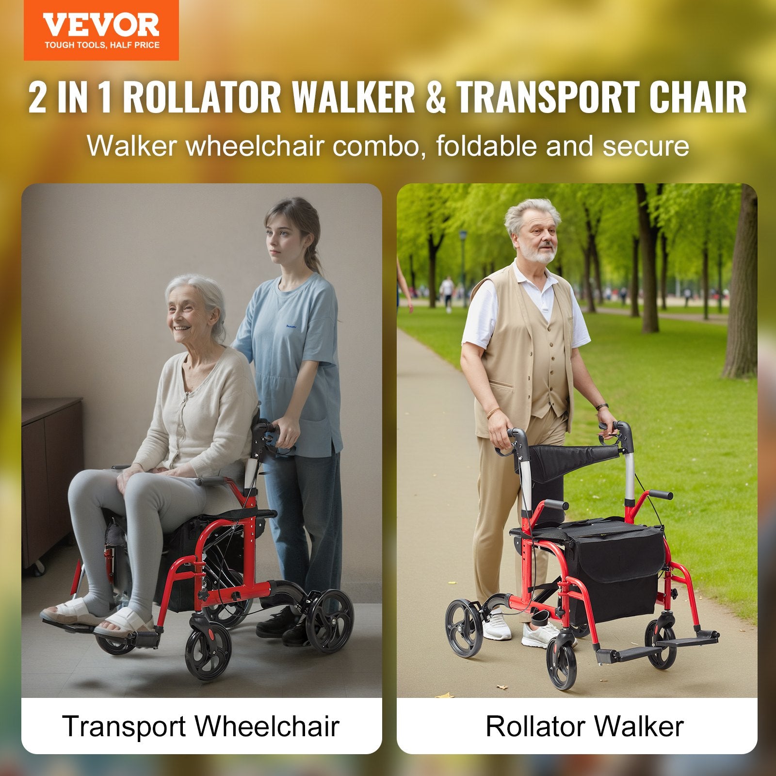 2 in 1 Rollator Walker & Transport Chair for Seniors, Folding Rolling Walker Wheelchair Combo & Footrests, V952-EHYZXQCKJLQ8WW1ZSV0