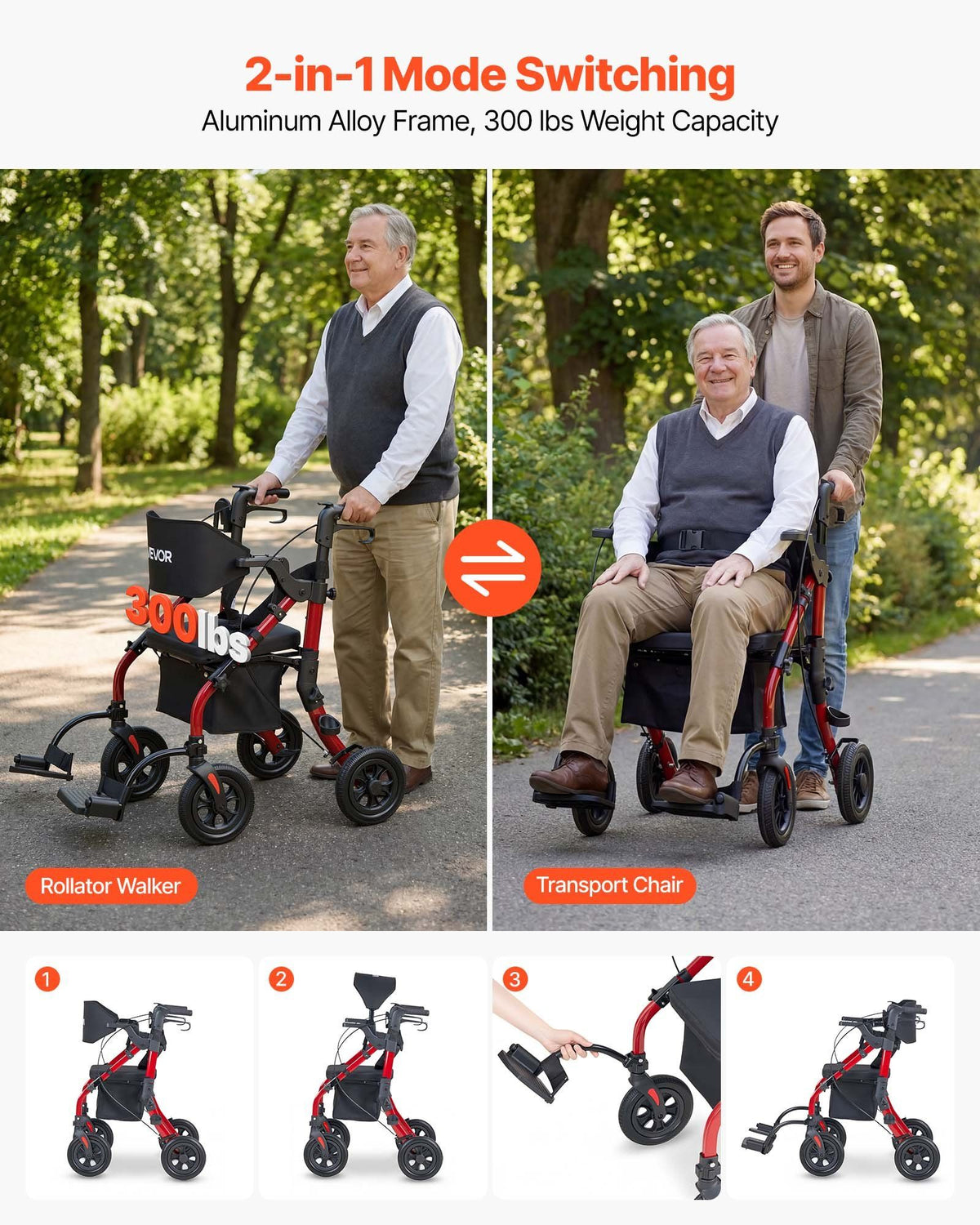 2-in-1 Rollator Walker & Transport Chair for Seniors, Foldable Rolling Walker Wheelchair, Lightweight V952-EHYZXQHSLHJ1ZK7KY001V0