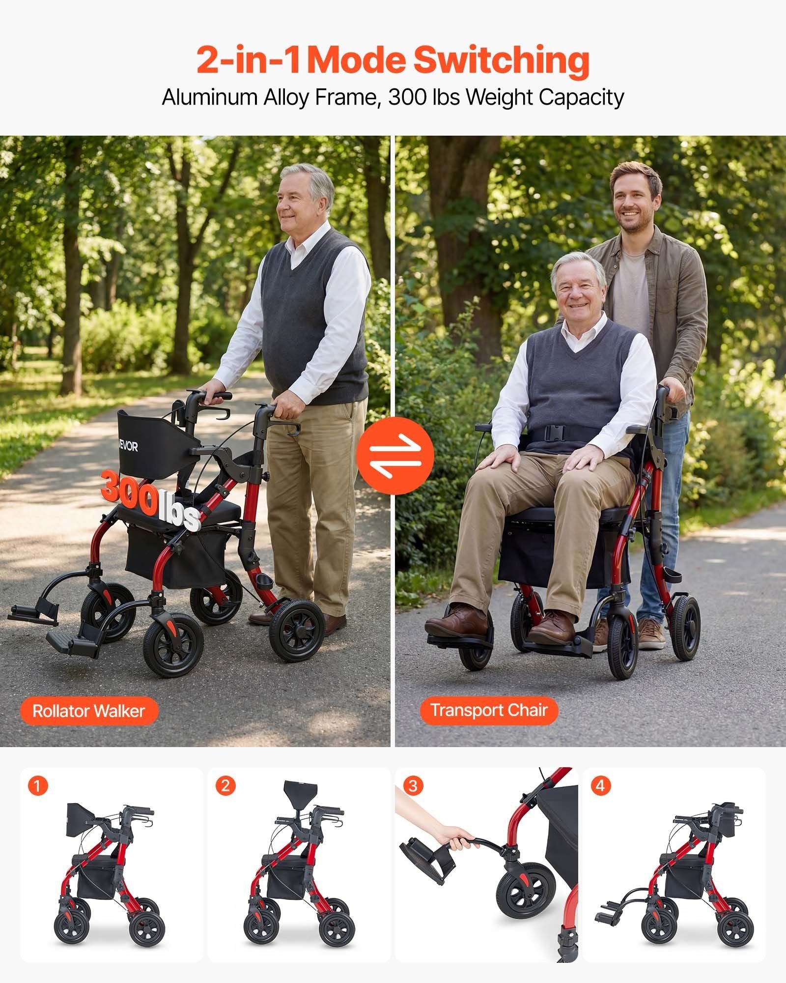 2-in-1 Rollator Walker & Transport Chair for Seniors, Foldable Rolling Walker Wheelchair, Lightweight V952-EHYZXQHSLHJ1ZK7KY001V0