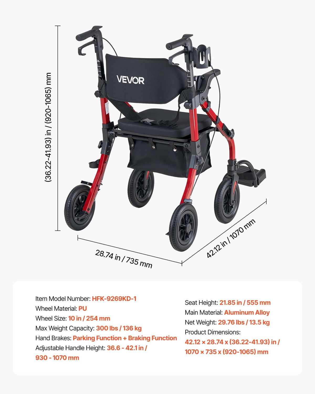 2-in-1 Rollator Walker & Transport Chair for Seniors, Foldable Rolling Walker Wheelchair, Lightweight V952-EHYZXQHSLHJ1ZK7KY001V0