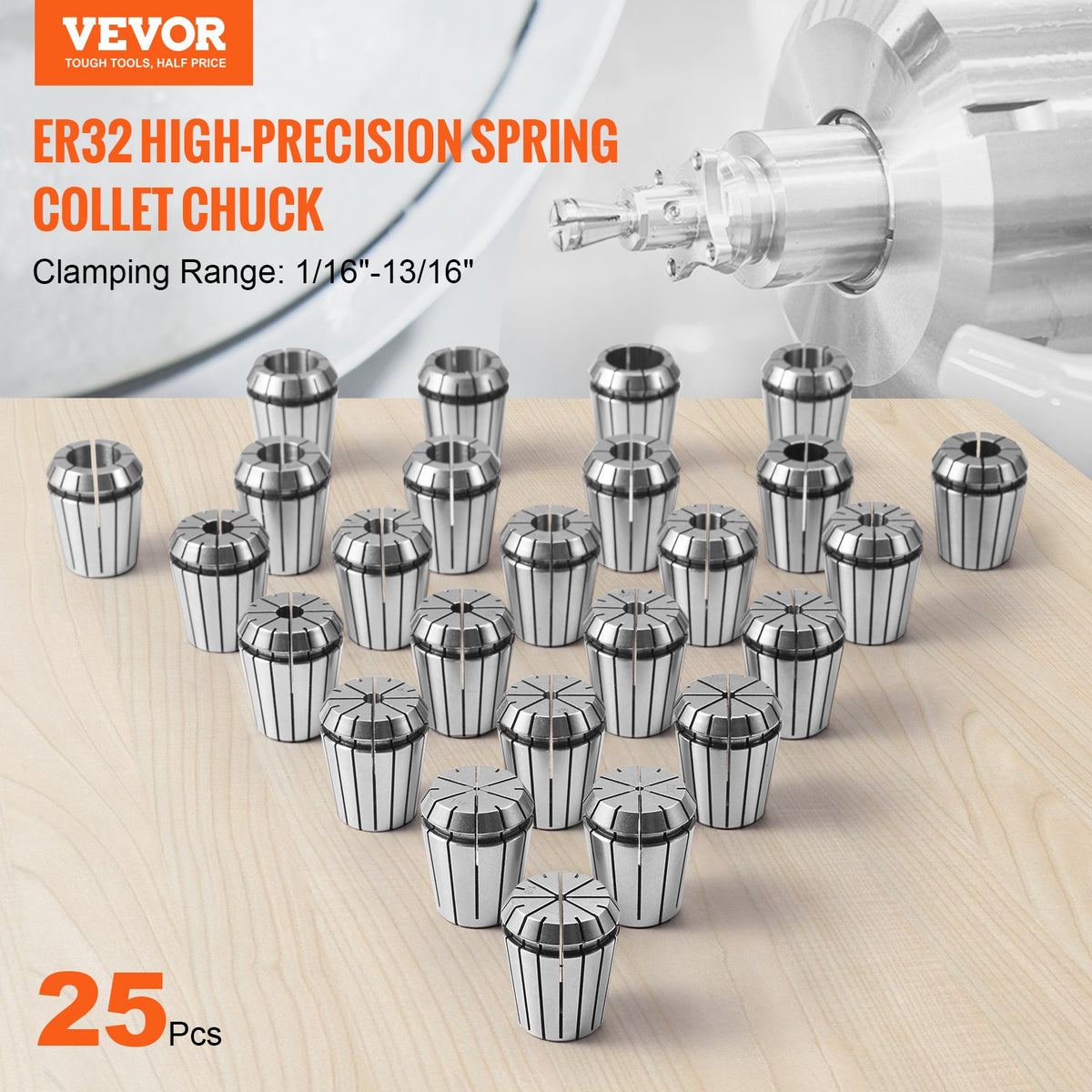 25 pcs ER32 Collet Set, 1/16''-13/16'', ER32 Spring Collet Chuck Set, 0.0006"/15 um TIR Lathe Chuck Tool with V952-ERJTER3225J000A7AV0
