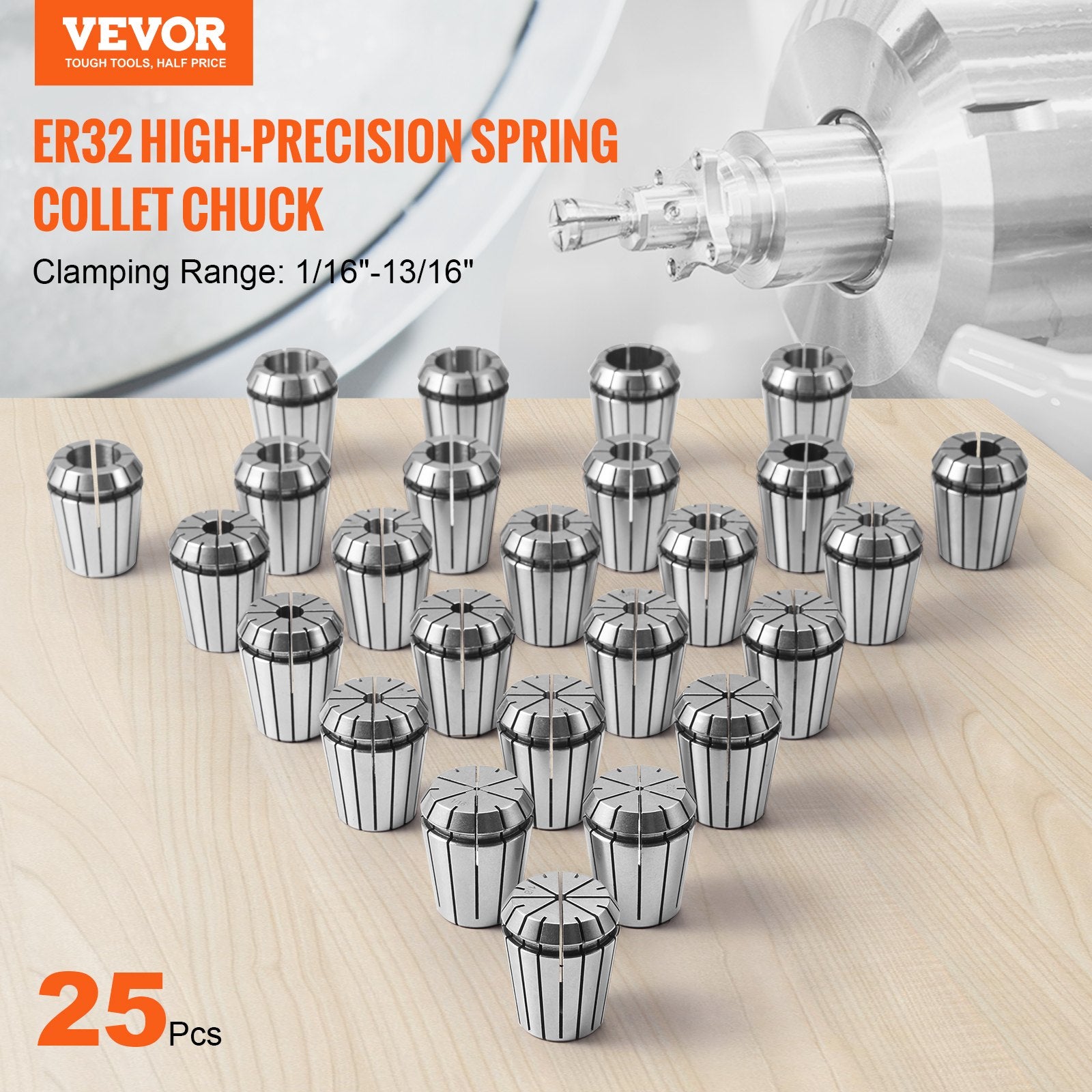 25 pcs ER32 Collet Set, 1/16''-13/16'', ER32 Spring Collet Chuck Set, 0.0006"/15 um TIR Lathe Chuck Tool with V952-ERJTER3225J000A7AV0