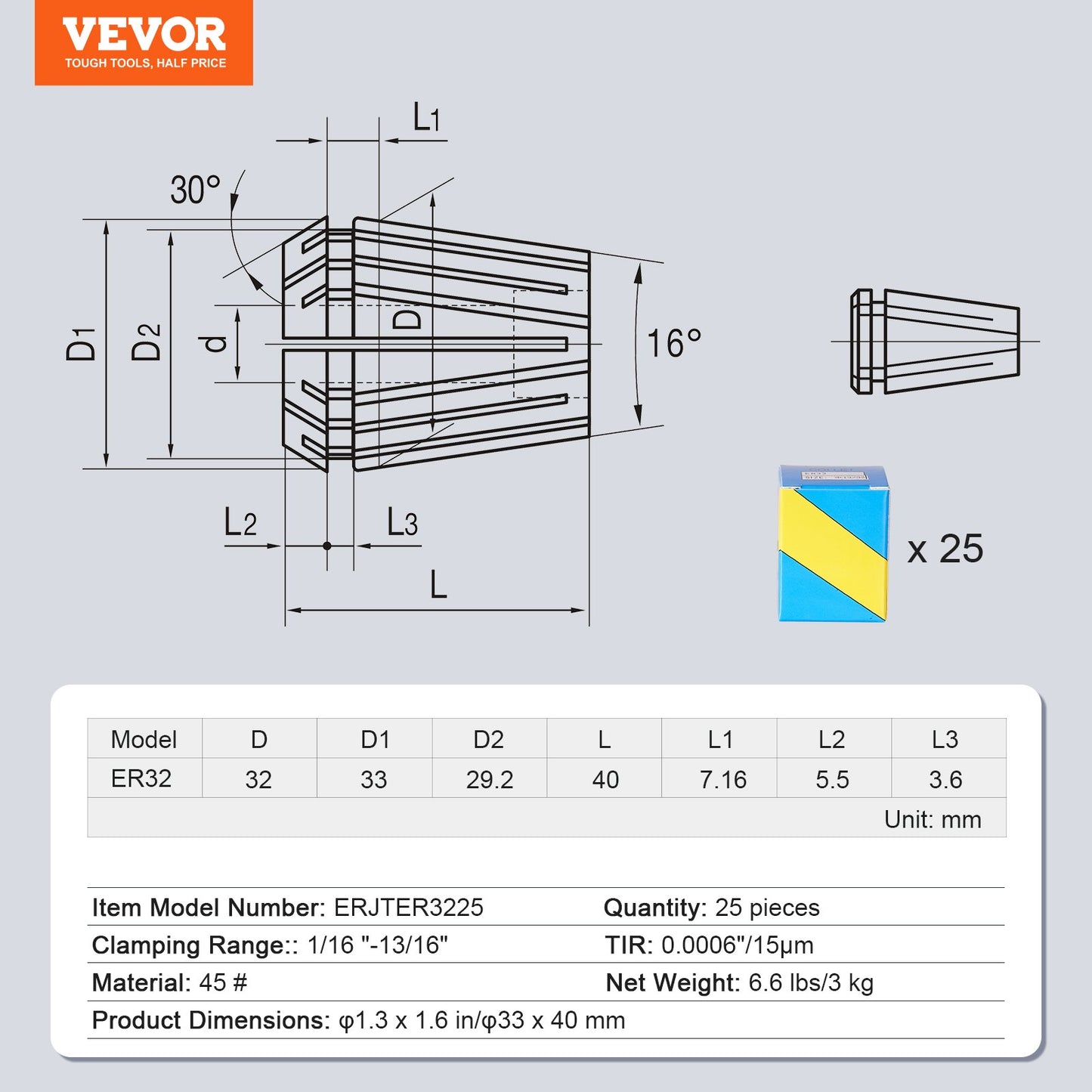 25 pcs ER32 Collet Set, 1/16''-13/16'', ER32 Spring Collet Chuck Set, 0.0006"/15 um TIR Lathe Chuck Tool with V952-ERJTER3225J000A7AV0