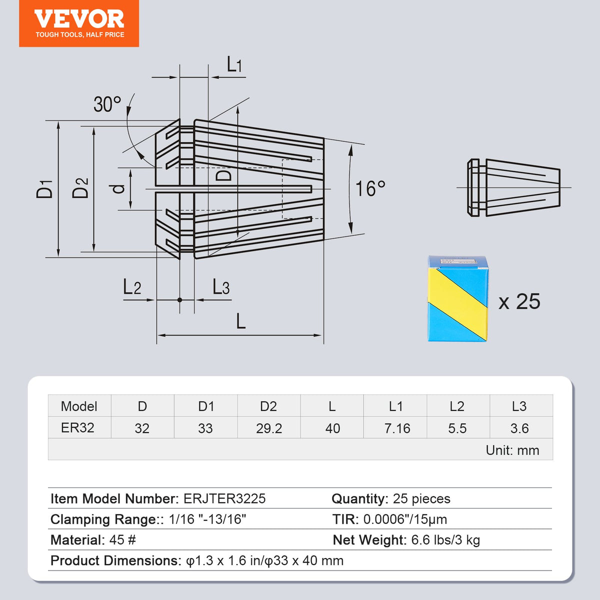 25 pcs ER32 Collet Set, 1/16''-13/16'', ER32 Spring Collet Chuck Set, 0.0006"/15 um TIR Lathe Chuck Tool with V952-ERJTER3225J000A7AV0