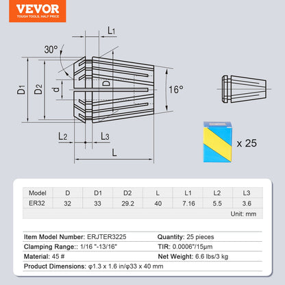 25 pcs ER32 Collet Set, 1/16''-13/16'', ER32 Spring Collet Chuck Set, 0.0006"/15 um TIR Lathe Chuck Tool with V952-ERJTER3225J000A7AV0