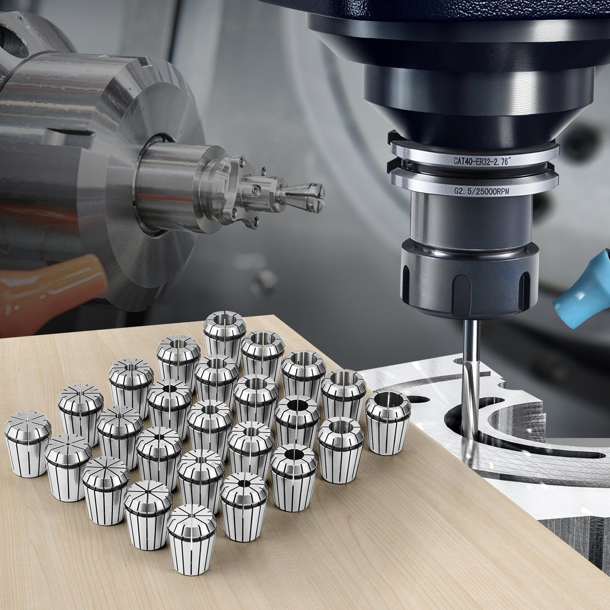 25 pcs ER32 Collet Set, 1/16''-13/16'', ER32 Spring Collet Chuck Set, 0.0006"/15 um TIR Lathe Chuck Tool with V952-ERJTER3225J000A7AV0
