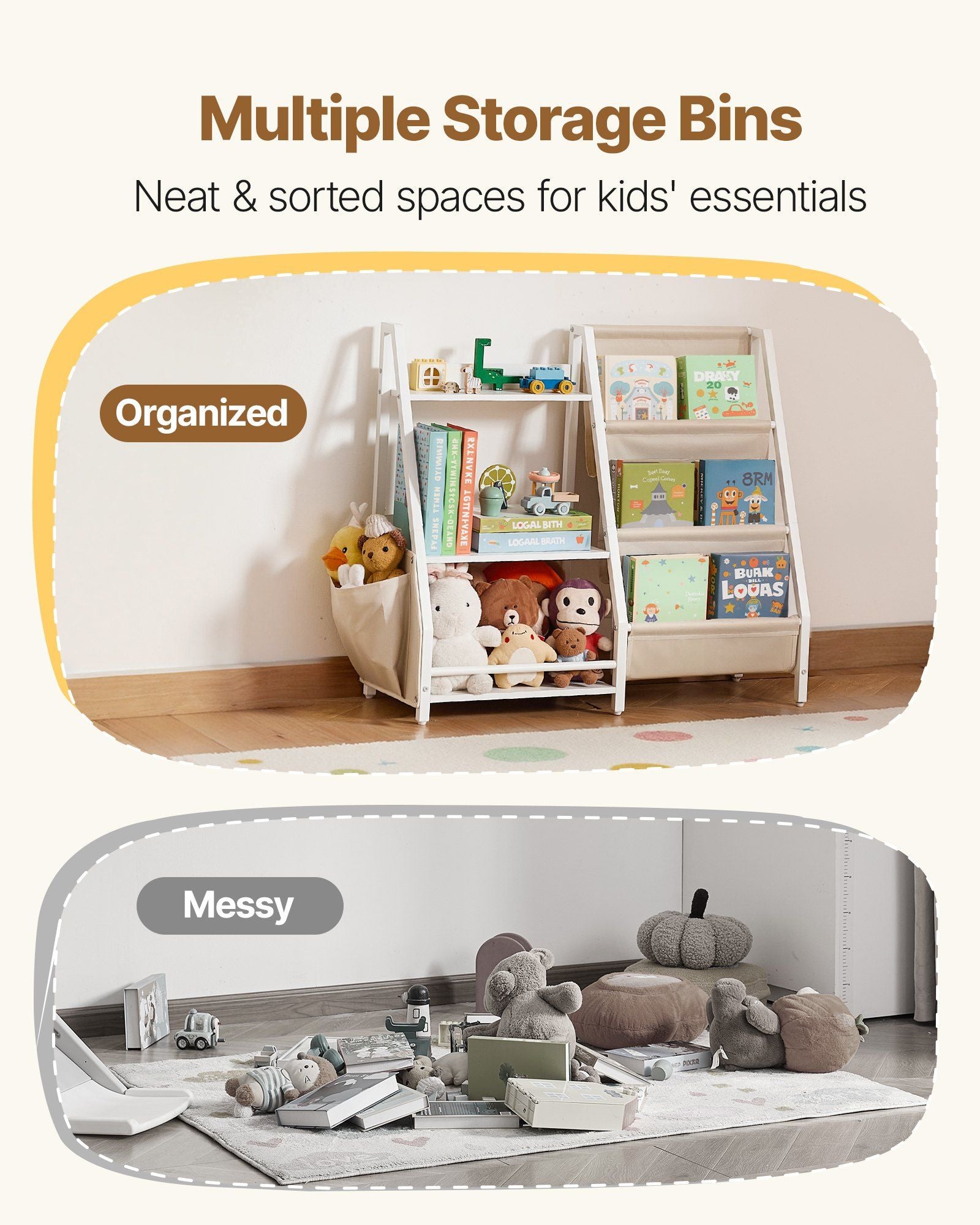 3-Tier Kids Bookshelf, Toy Storage Organizer for Toddler, Book Shelf for Kids Rooms with Sling Book Rack and V952-ETCWJJDJS314YWJPR001V0