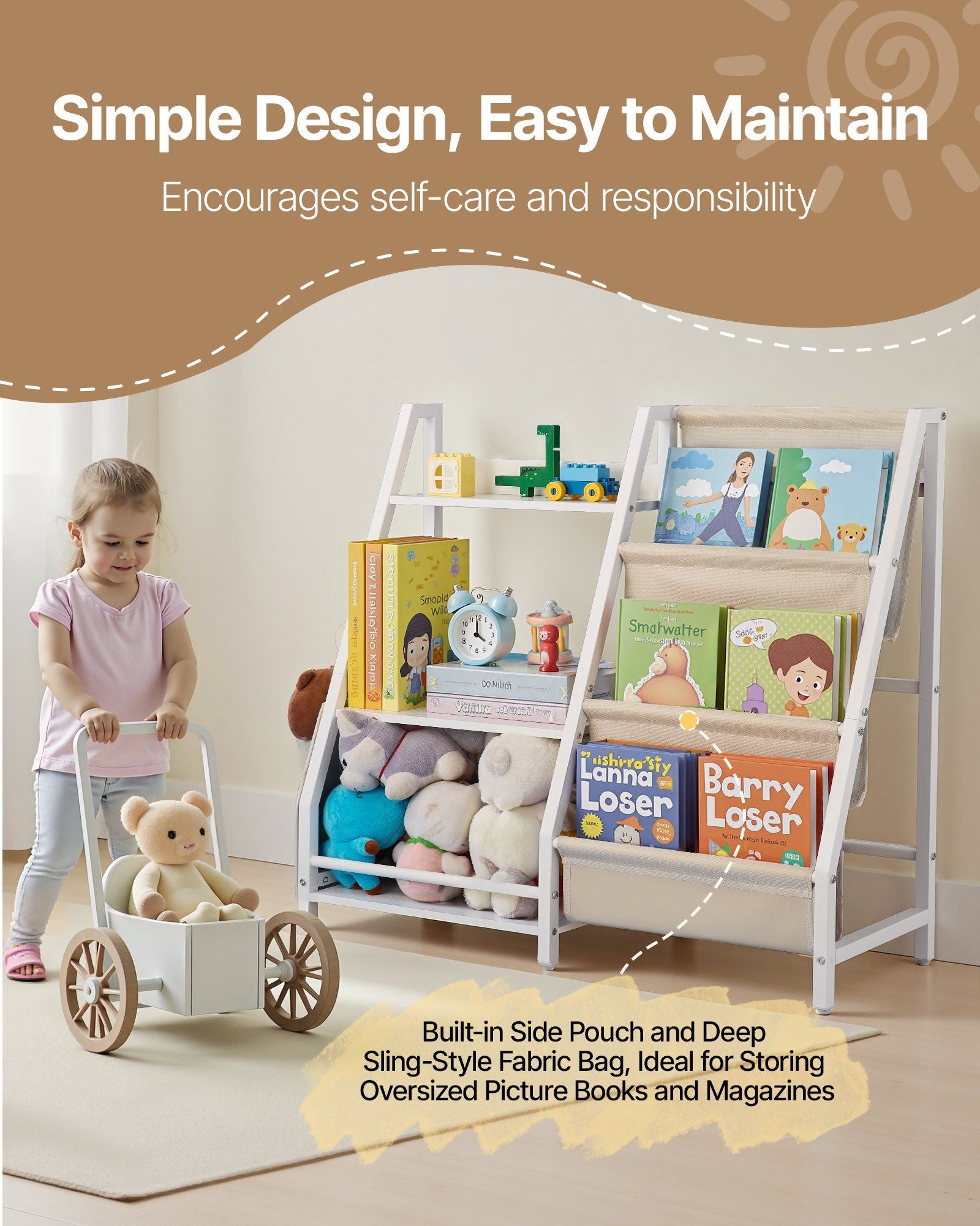3-Tier Kids Bookshelf, Toy Storage Organizer for Toddler, Book Shelf for Kids Rooms with Sling Book Rack and V952-ETCWJJDJS314YWJPR001V0