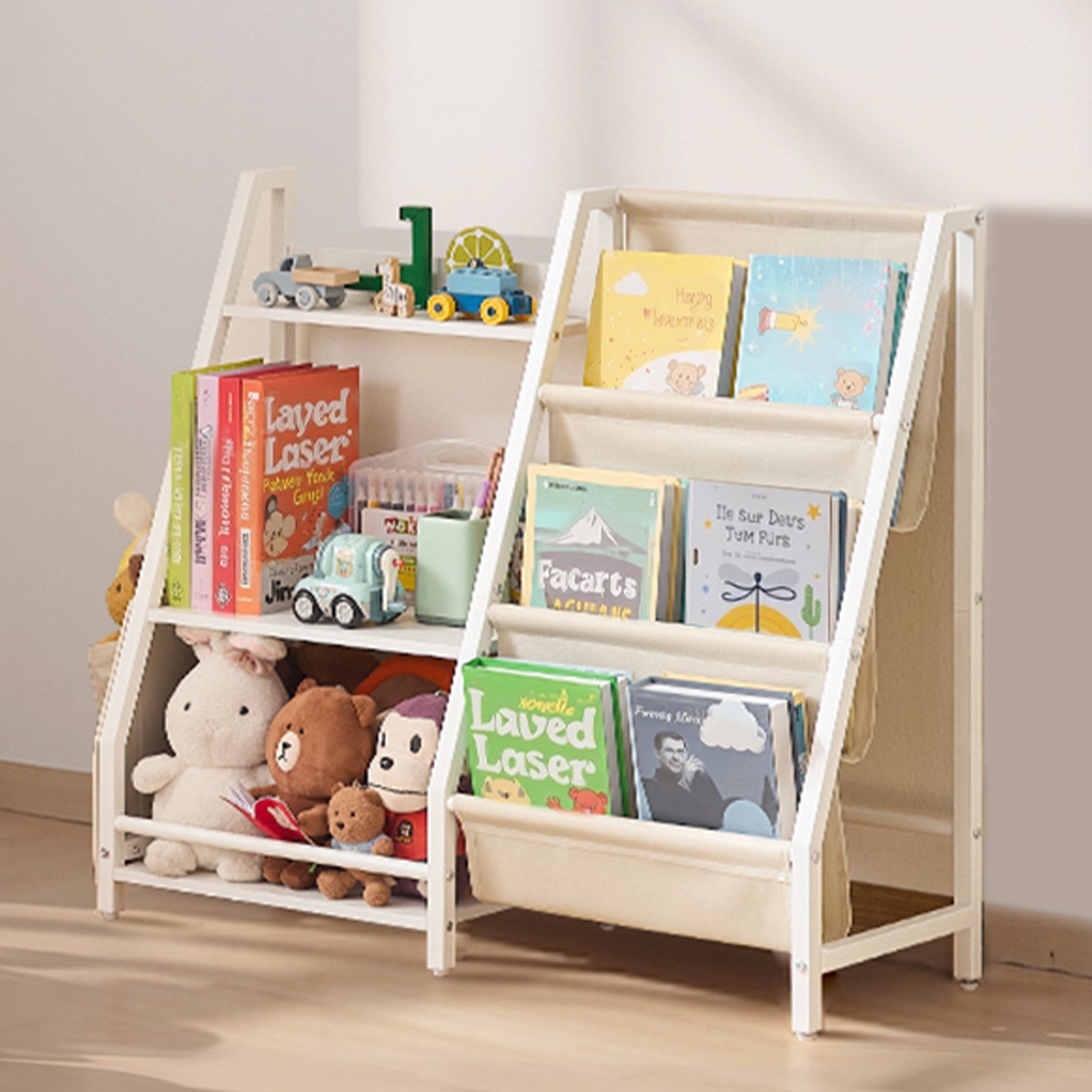 3-Tier Kids Bookshelf, Toy Storage Organizer for Toddler, Book Shelf for Kids Rooms with Sling Book Rack and V952-ETCWJJDJS314YWJPR001V0