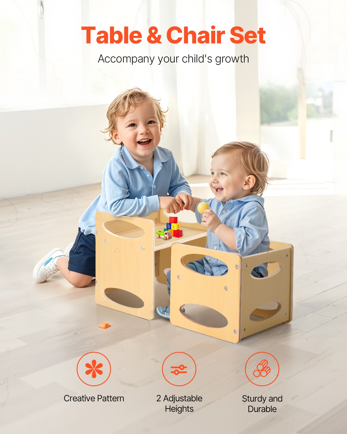 Montessori Weaning Table and Chair Set, Wooden Toddler Table and Chair Set for Aged 1-5, Adjustable Height V952-ETDNZY1513216DOMUV0