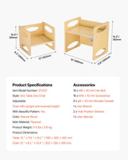 Montessori Weaning Table and Chair Set, Wooden Toddler Table and Chair Set for Aged 1-5, Adjustable Height V952-ETDNZY1513216DOMUV0