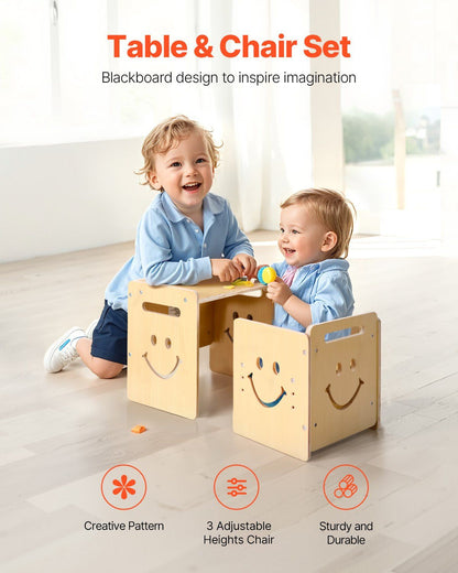 Montessori Weaning Table and Chair Set, 3 In 1 Wooden Toddler Table and Chairs with Chalkboard, Adjustable V952-ETDNZY1708118E4HMV0