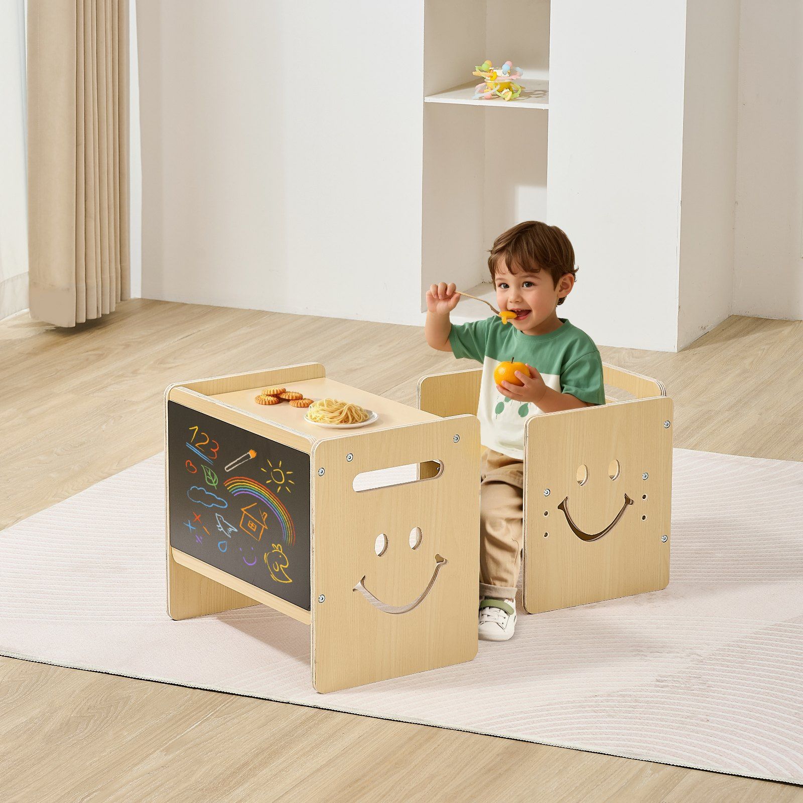 Montessori Weaning Table and Chair Set, 3 In 1 Wooden Toddler Table and Chairs with Chalkboard, Adjustable V952-ETDNZY1708118E4HMV0