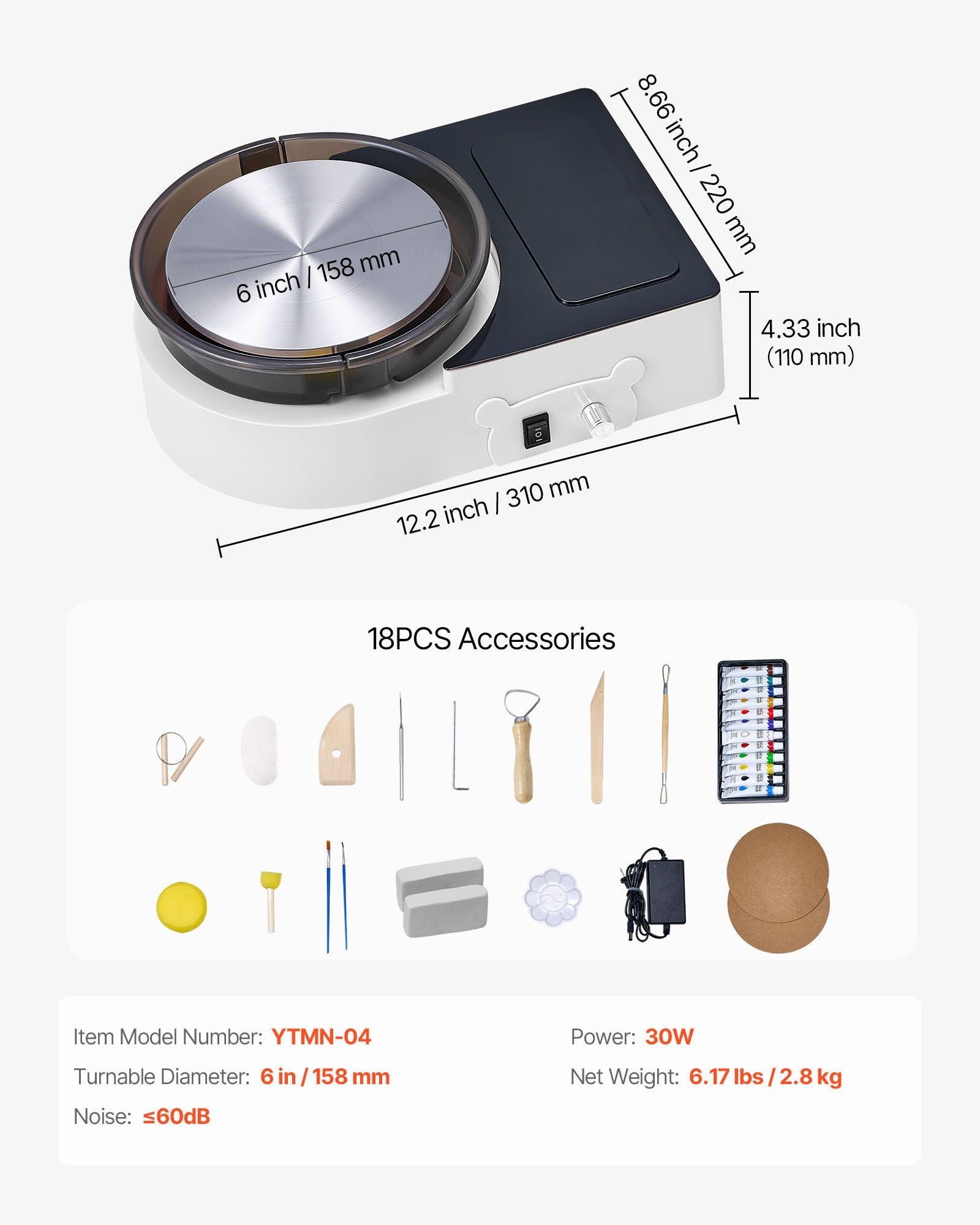 Mini Pottery Wheel, 158 mm Turntable, Forward and Reverse Rotation, Adjustable Speed, Electric Clay Wheel for V952-ETLPJFXBSWJBCWB9P001V3