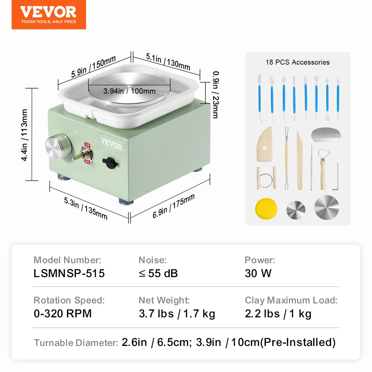 Mini Pottery Wheel, 0-320RPM Adjustable Speed Detachable Basin Forming Machine, 2.56in/3.94in 2 Turntables V952-ETLPJMNXWJBSCU1O5V3
