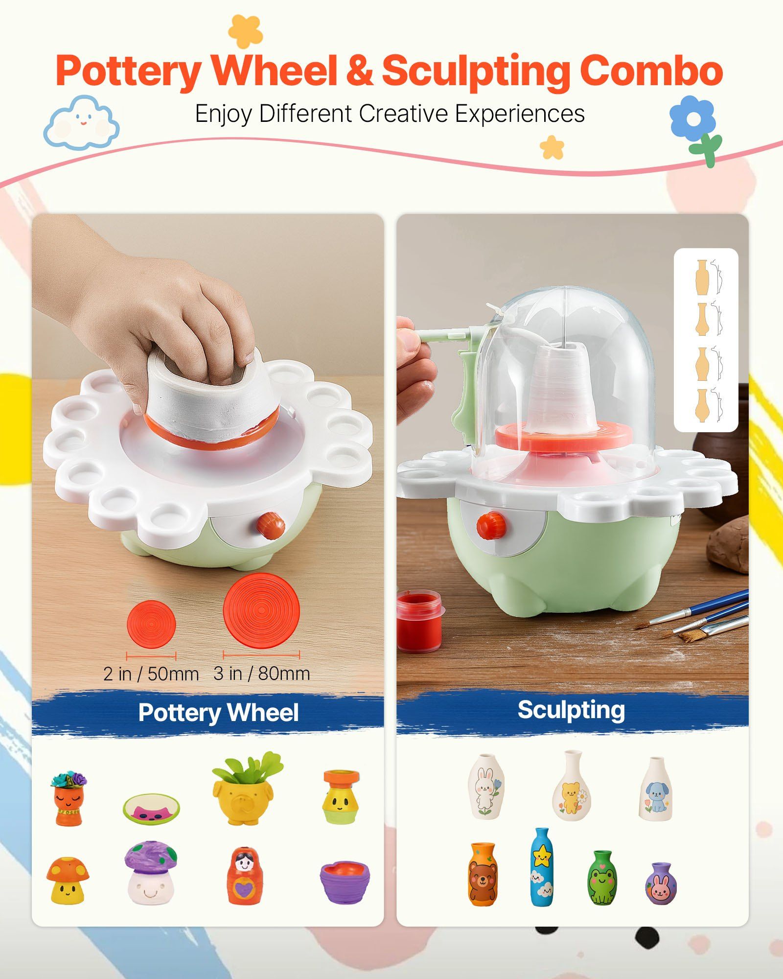 Mini Pottery Wheel, 50 mm and 80 mm Turntables, Adjustable Speed, Electric Clay Wheel for Kids and Beginners, V952-ETLPJZJXLSWJ6R7S6001V3
