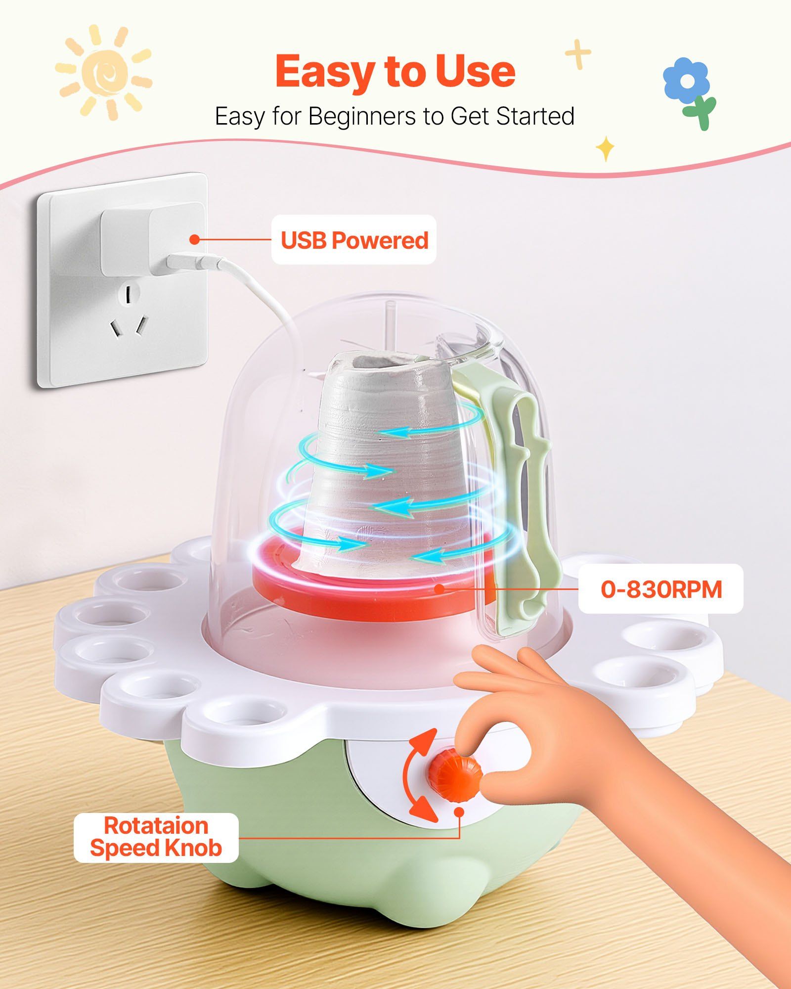 Mini Pottery Wheel, 50 mm and 80 mm Turntables, Adjustable Speed, Electric Clay Wheel for Kids and Beginners, V952-ETLPJZJXLSWJ6R7S6001V3