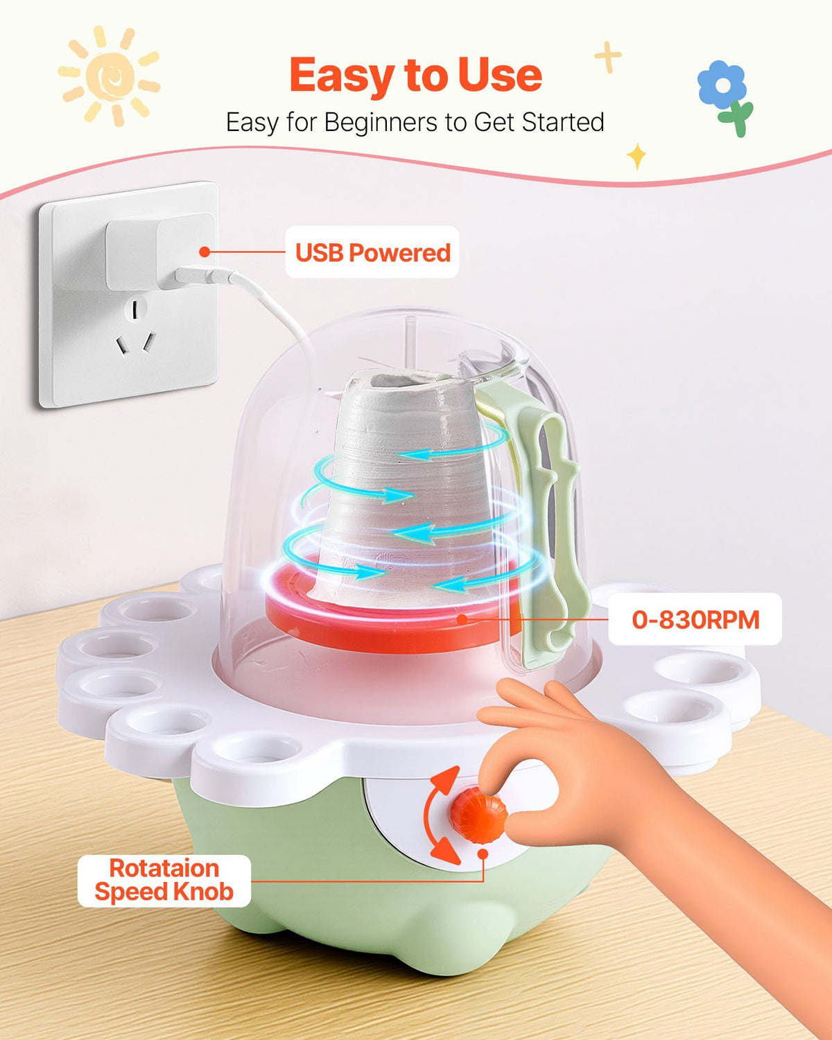 Mini Pottery Wheel, 50 mm and 80 mm Turntables, Adjustable Speed, Electric Clay Wheel for Kids and Beginners, V952-ETLPJZJXLSWJ6R7S6001V3