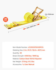 Ratchet Straps, 50.8 mm x 4.6 m, 30 Pack E-Track Tie Down Straps, 1995 kg Break Strength & 662 kg Rated Load, V952-ETRACKJLD2X1PQ6HQ001V0