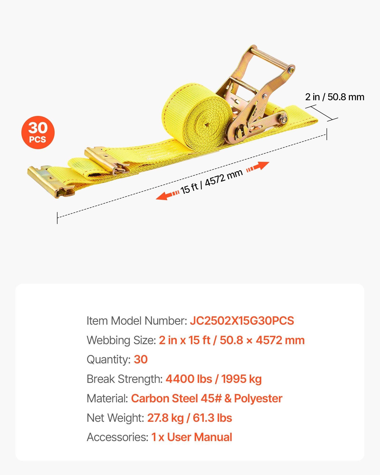 Ratchet Straps, 50.8 mm x 4.6 m, 30 Pack E-Track Tie Down Straps, 1995 kg Break Strength & 662 kg Rated Load, V952-ETRACKJLD2X1PQ6HQ001V0
