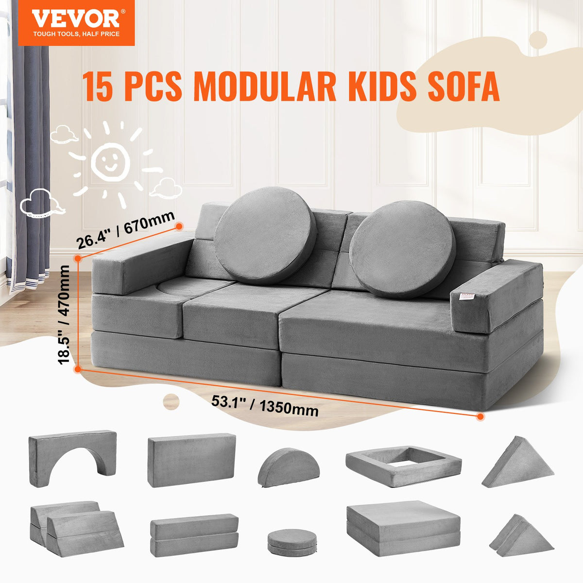 Play Couch, 15pcs Modular Kids Nugget Couch, Toddler Foam Sofa Couch with High-density 25D Sponge for V952-ETSF1656625YVMCKFV0