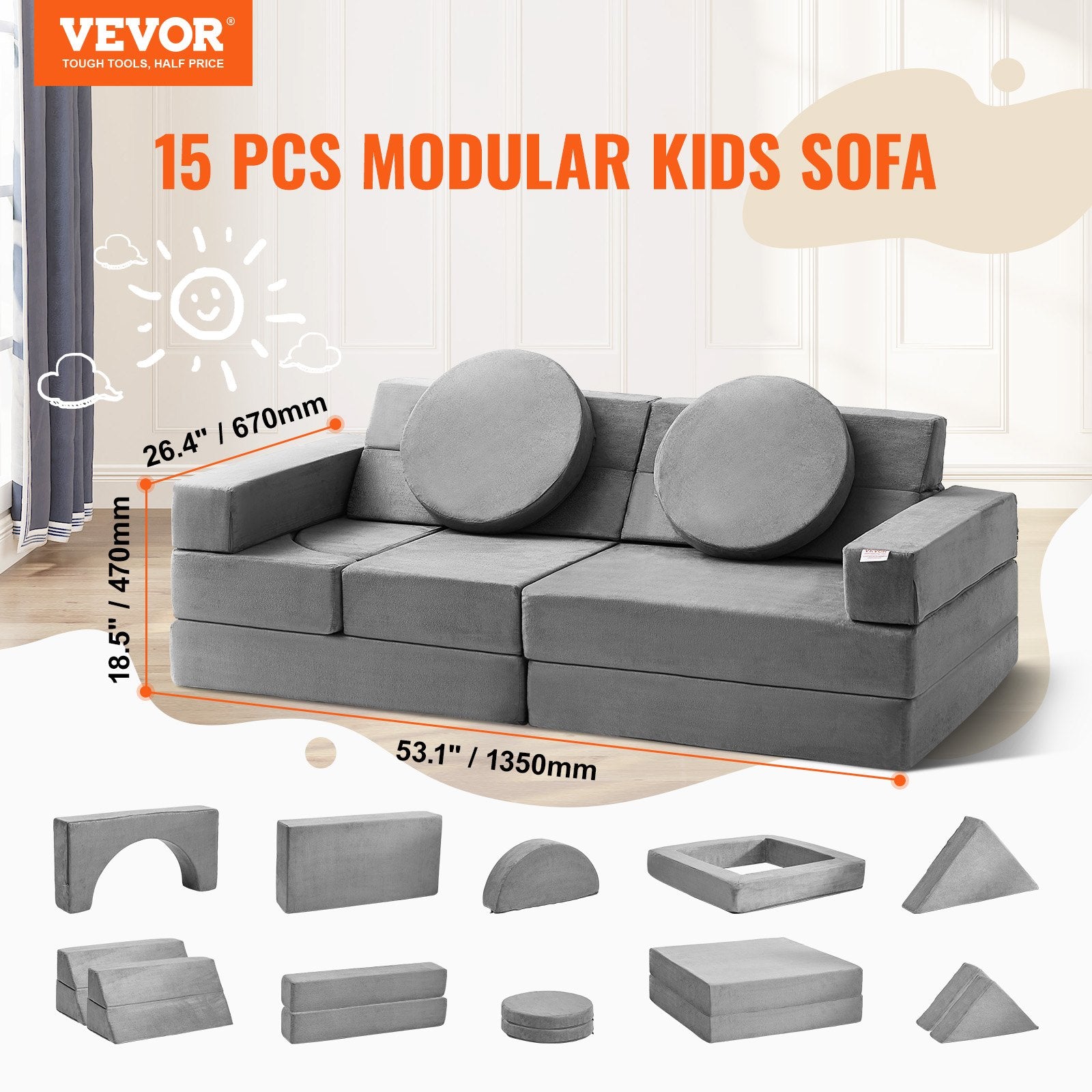 Play Couch, 15pcs Modular Kids Nugget Couch, Toddler Foam Sofa Couch with High-density 25D Sponge for V952-ETSF1656625YVMCKFV0