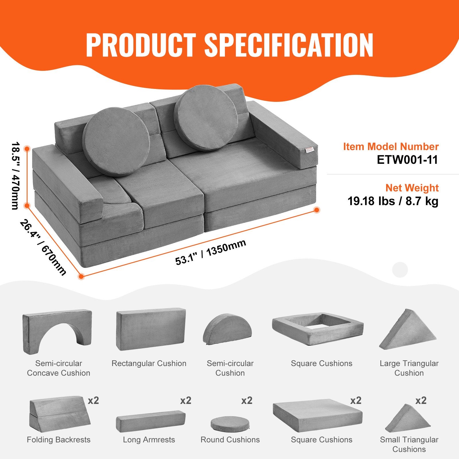 Play Couch, 15pcs Modular Kids Nugget Couch, Toddler Foam Sofa Couch with High-density 25D Sponge for V952-ETSF1656625YVMCKFV0