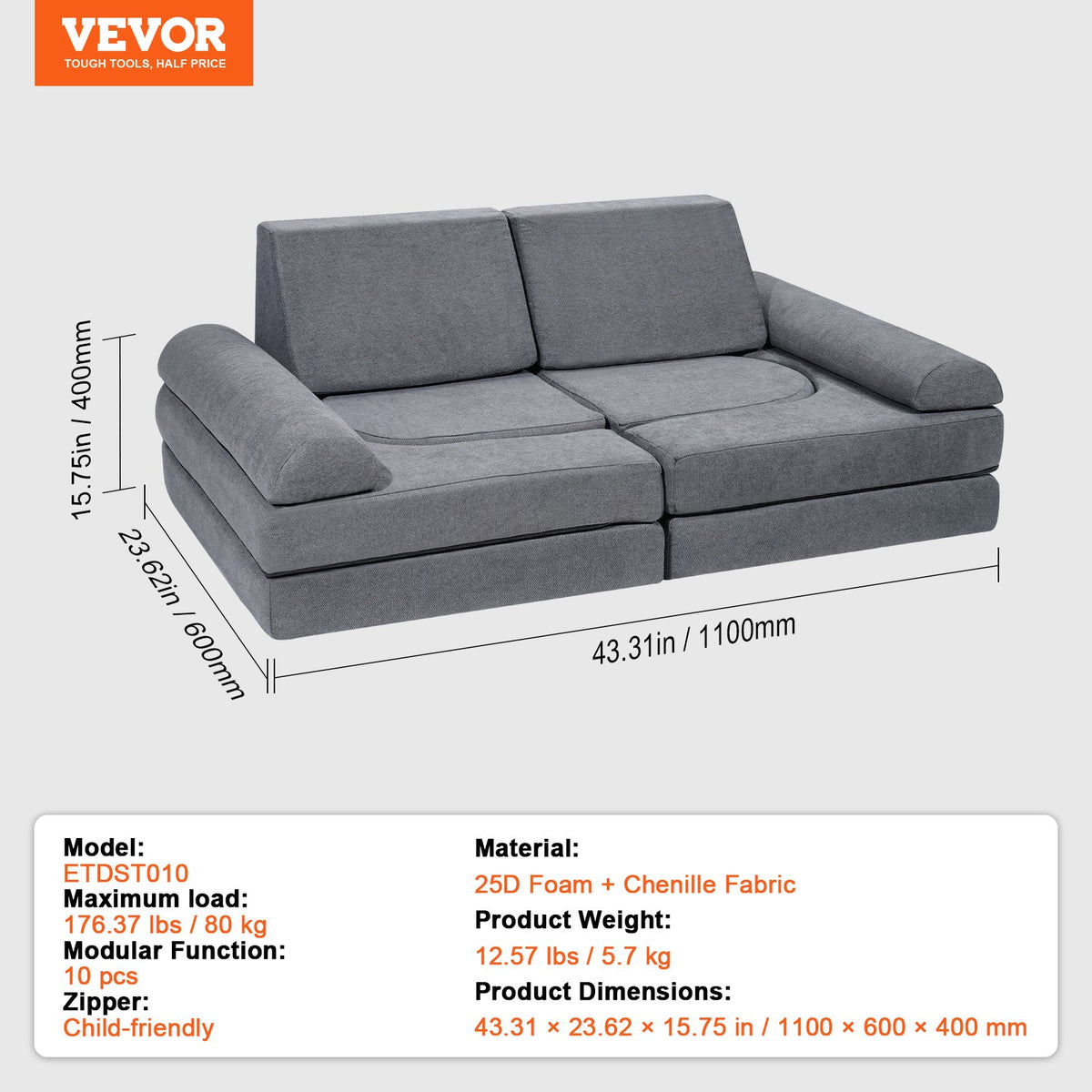 Modular Kids Play Couch 10Pcs DIY Creative Toddler Sectional Sofa Grey V952-ETSF5255724Y94P8YV0