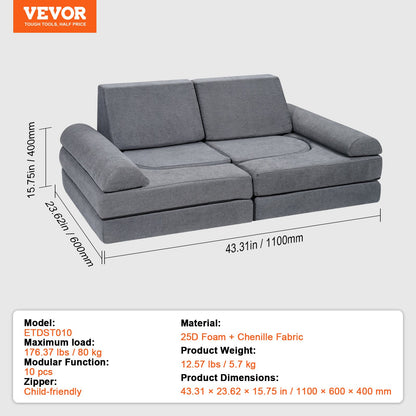 Modular Kids Play Couch 10Pcs DIY Creative Toddler Sectional Sofa Grey V952-ETSF5255724Y94P8YV0