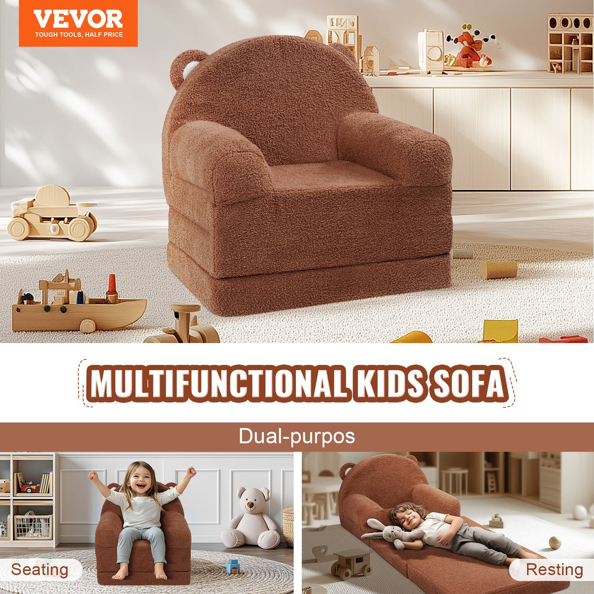 Baby Chair Foldable 2-in-1 Baby Lounger Couch Cartoon Kids Sofa Brown V952-ETSF60X3375XZIF7KV0