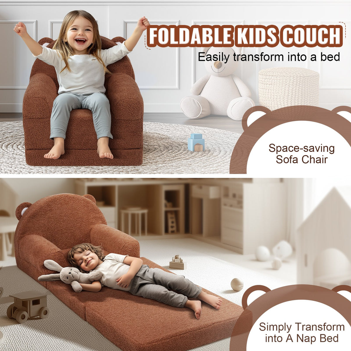 Baby Chair Foldable 2-in-1 Baby Lounger Couch Cartoon Kids Sofa Brown V952-ETSF60X3375XZIF7KV0