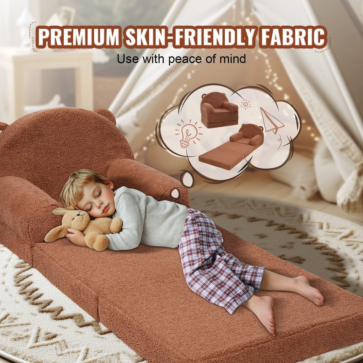 Baby Chair Foldable 2-in-1 Baby Lounger Couch Cartoon Kids Sofa Brown V952-ETSF60X3375XZIF7KV0