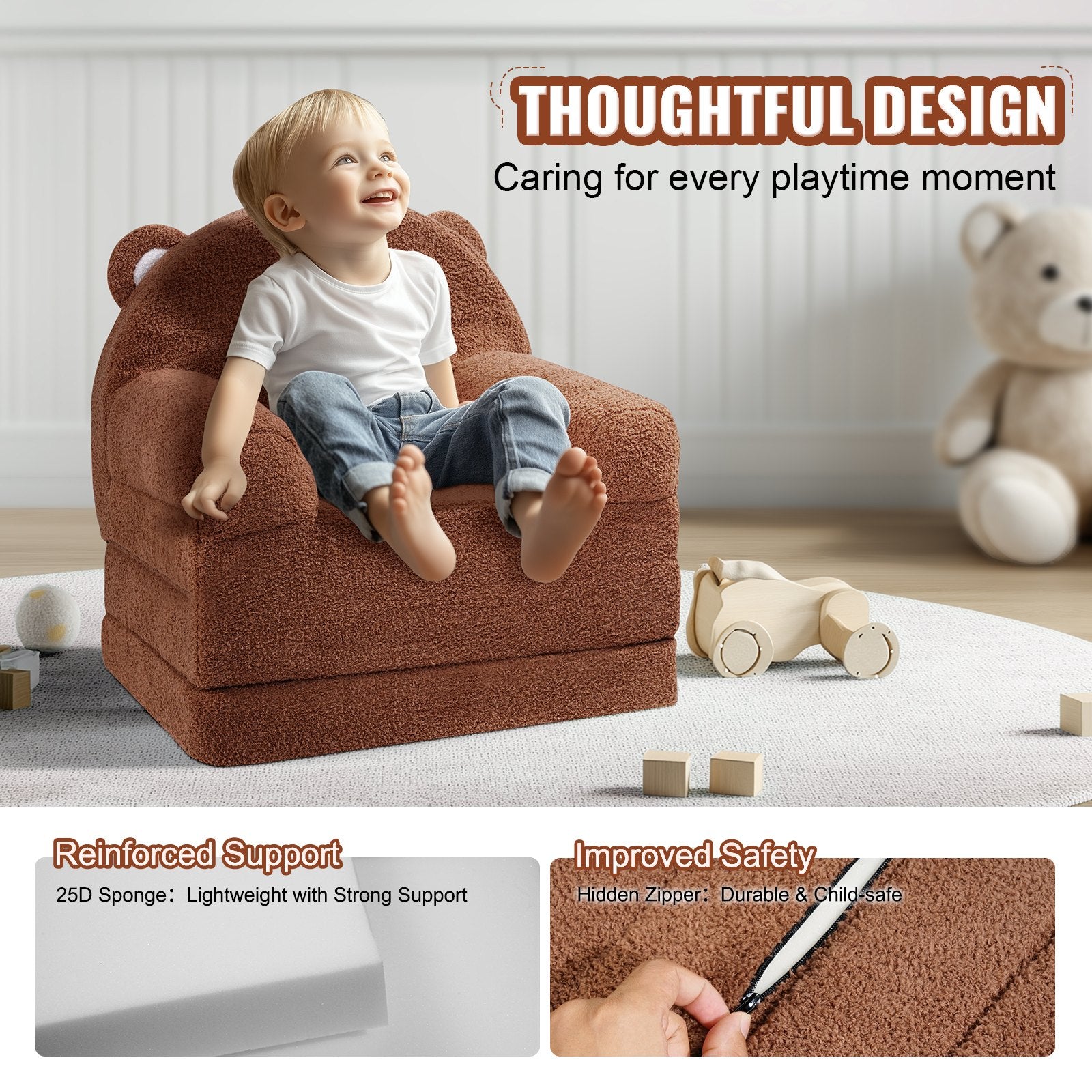 Baby Chair Foldable 2-in-1 Baby Lounger Couch Cartoon Kids Sofa Brown V952-ETSF60X3375XZIF7KV0