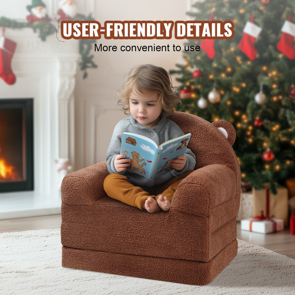 Baby Chair Foldable 2-in-1 Baby Lounger Couch Cartoon Kids Sofa Brown V952-ETSF60X3375XZIF7KV0