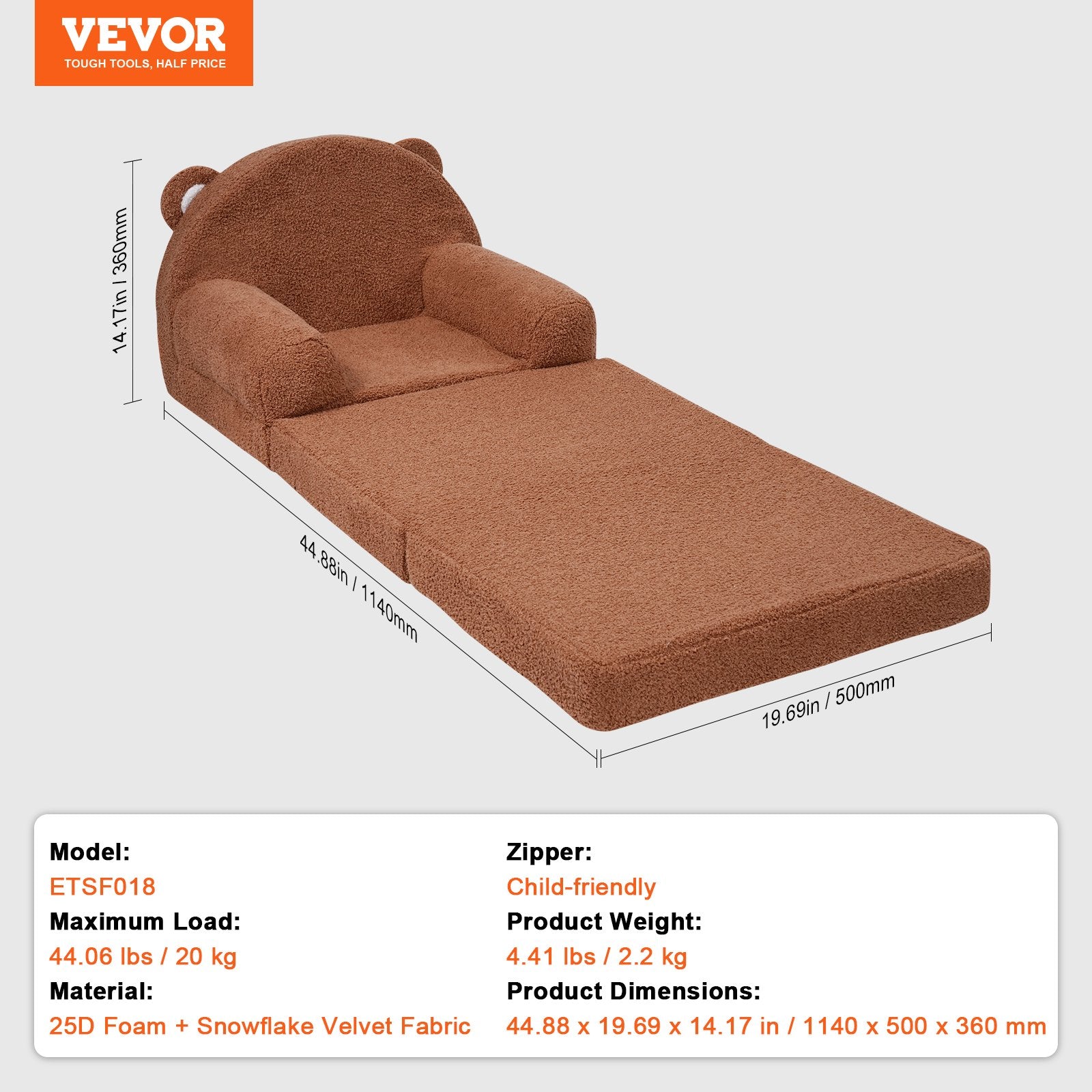 Baby Chair Foldable 2-in-1 Baby Lounger Couch Cartoon Kids Sofa Brown V952-ETSF60X3375XZIF7KV0
