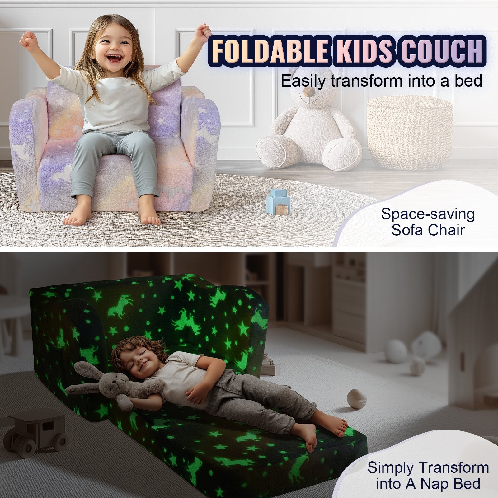Foldable Baby Chair 2-in-1 Baby Lounger Couch Glow in Dark Kids Sofa V952-ETSF6354652I4U5Y8V0
