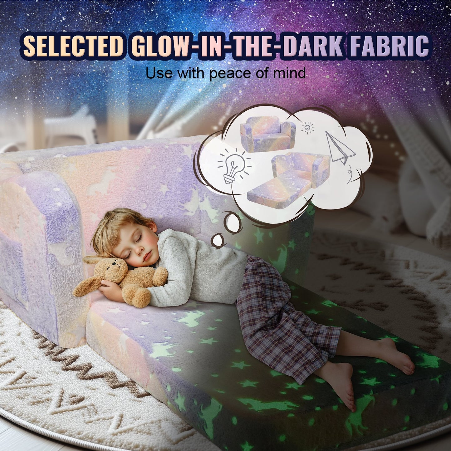 Foldable Baby Chair 2-in-1 Baby Lounger Couch Glow in Dark Kids Sofa V952-ETSF6354652I4U5Y8V0