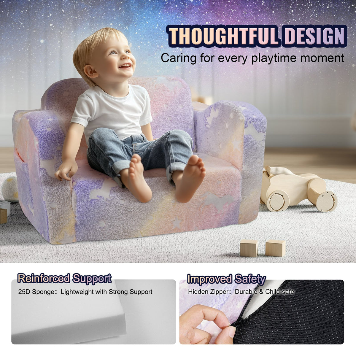 Foldable Baby Chair 2-in-1 Baby Lounger Couch Glow in Dark Kids Sofa V952-ETSF6354652I4U5Y8V0