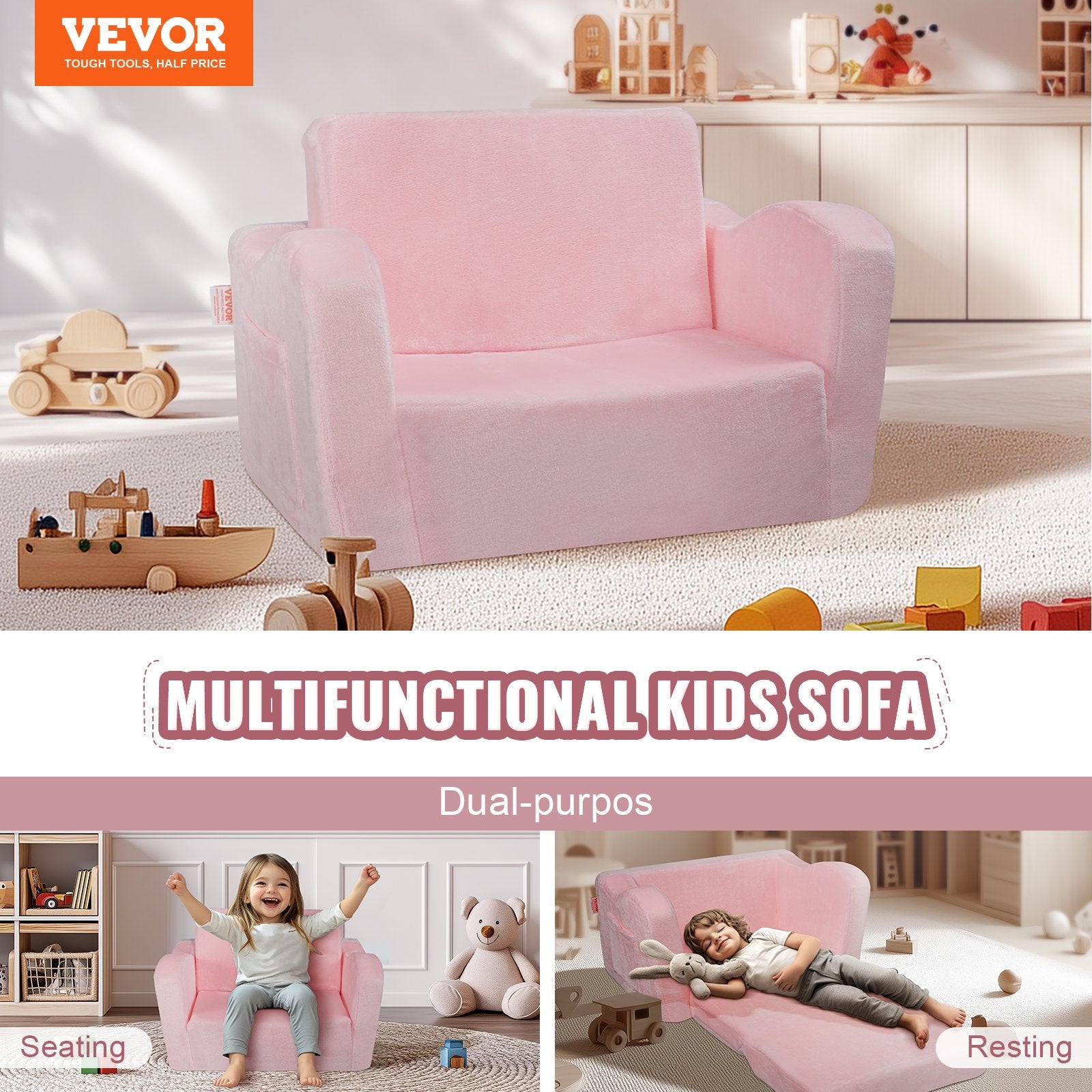 Baby Chair Foldable 2-in-1 Comfy Baby Lounger Couch Kids Sofa Pink V952-ETSF6354652I6PHIKV0