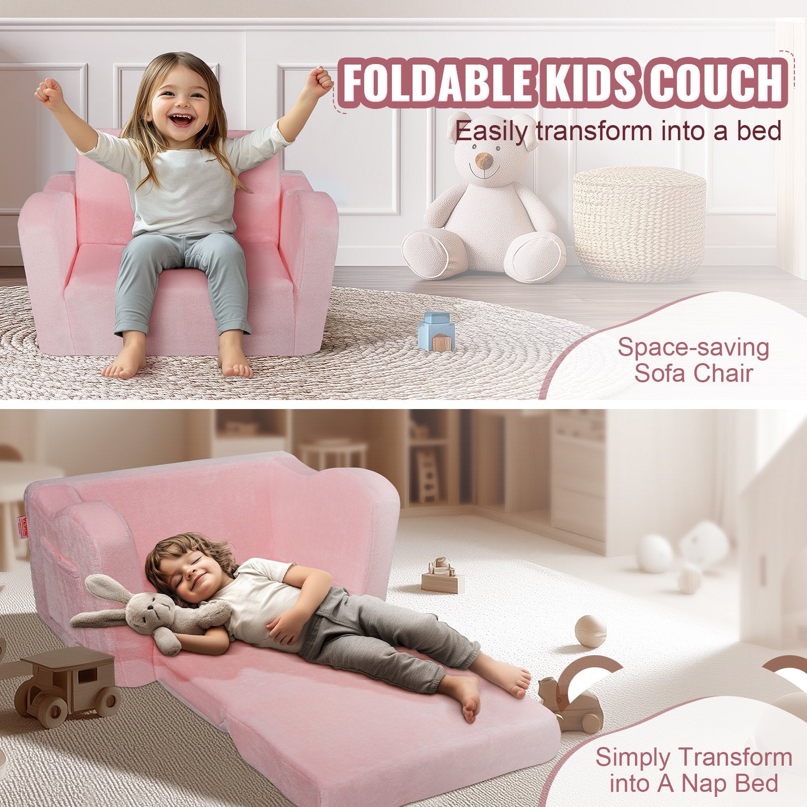 Baby Chair Foldable 2-in-1 Comfy Baby Lounger Couch Kids Sofa Pink V952-ETSF6354652I6PHIKV0
