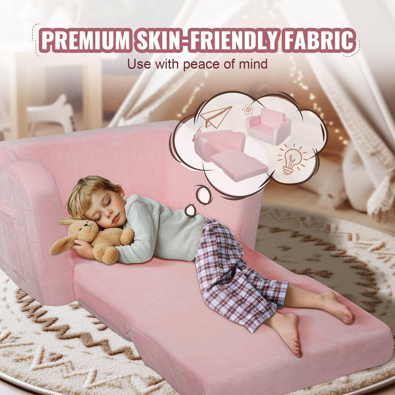 Baby Chair Foldable 2-in-1 Comfy Baby Lounger Couch Kids Sofa Pink V952-ETSF6354652I6PHIKV0