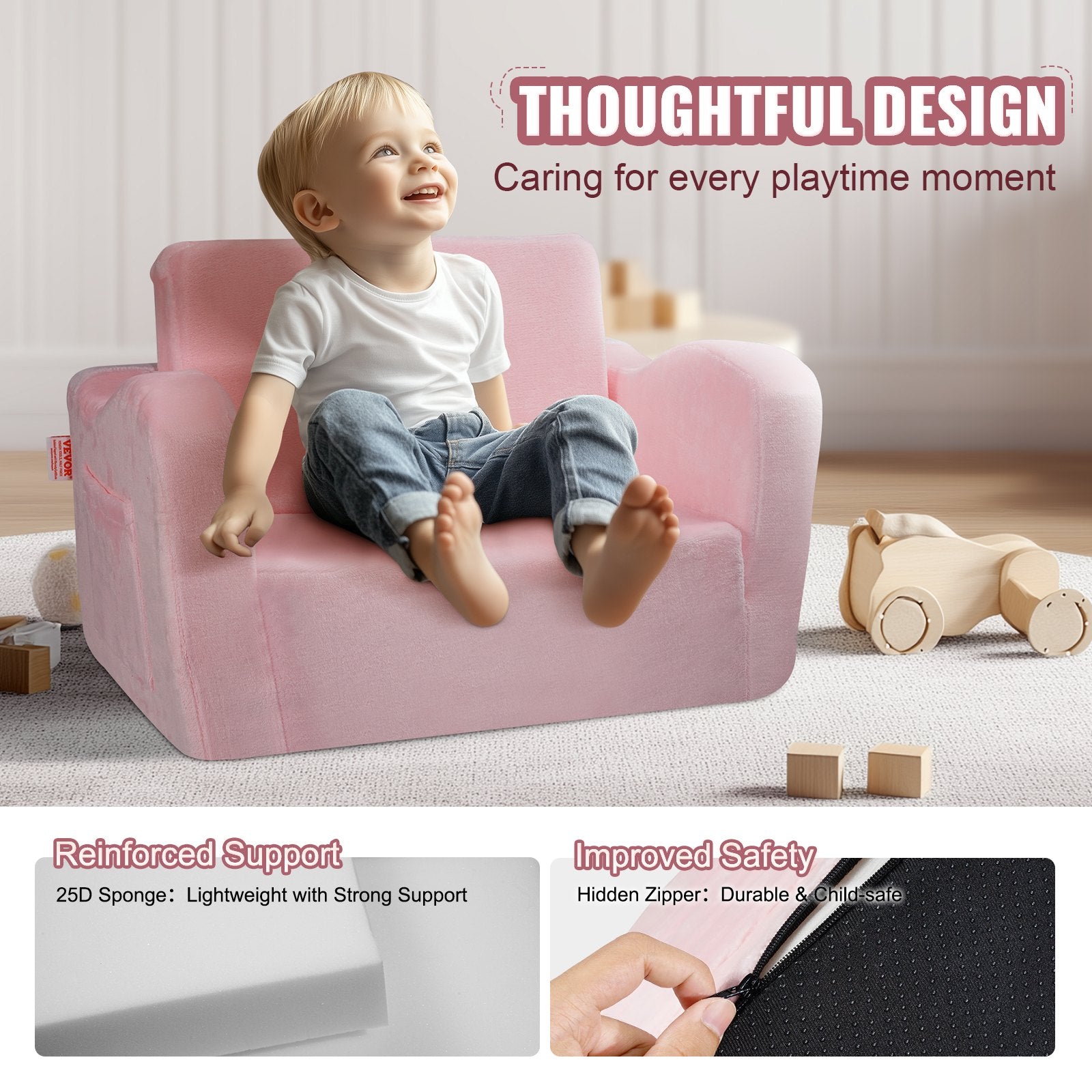 Baby Chair Foldable 2-in-1 Comfy Baby Lounger Couch Kids Sofa Pink V952-ETSF6354652I6PHIKV0