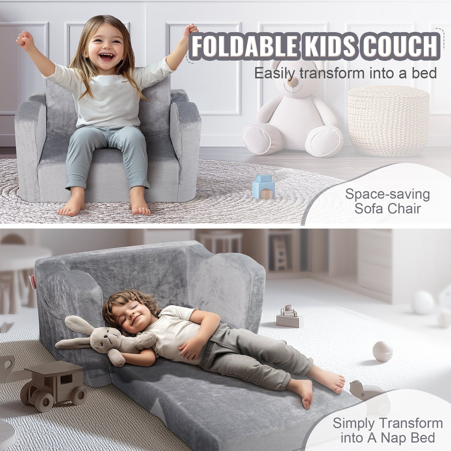 Baby Chair Foldable 2-in-1 Comfy Baby Lounger Couch Kids Sofa Grey V952-ETSF6354652INYQ5DV0