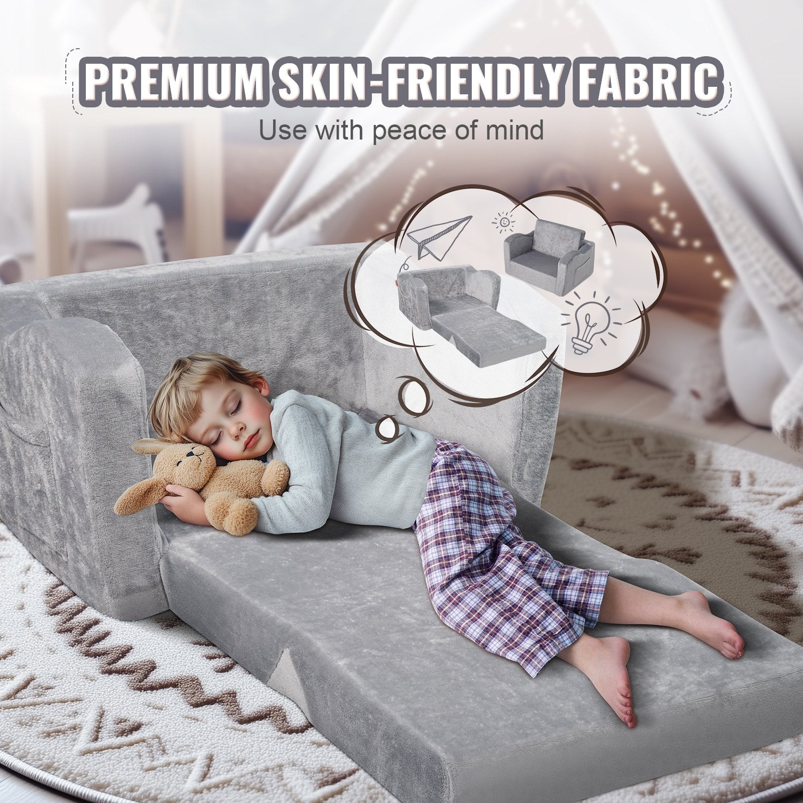 Baby Chair Foldable 2-in-1 Comfy Baby Lounger Couch Kids Sofa Grey V952-ETSF6354652INYQ5DV0