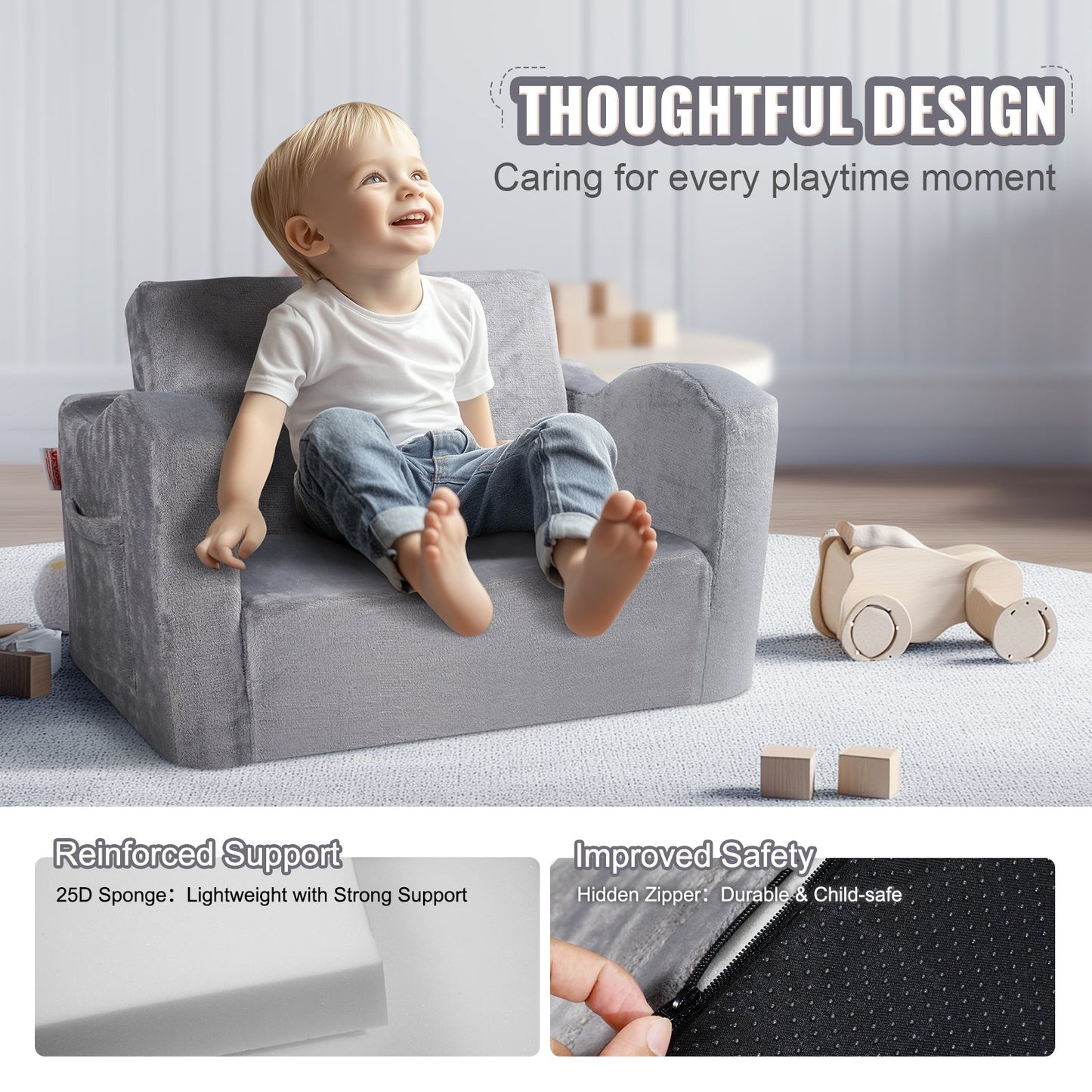 Baby Chair Foldable 2-in-1 Comfy Baby Lounger Couch Kids Sofa Grey V952-ETSF6354652INYQ5DV0