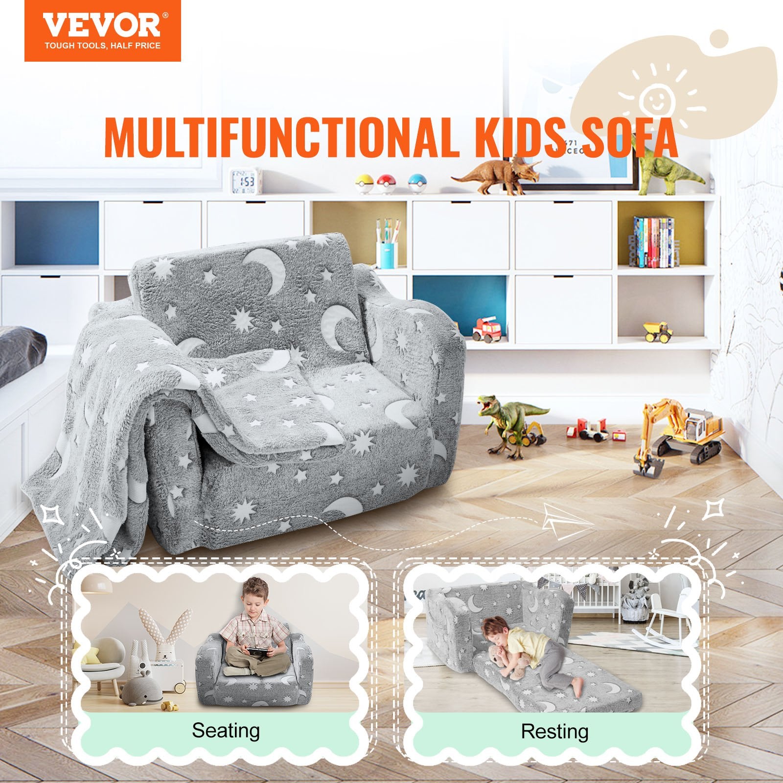 Fold-out Kids Sofa, Glow-in-the-Dark Kids Couch Chair, 2-in-1 Children Convertible Sofa to Lounger, Extra V952-ETSFZDSF00008T8FPV0