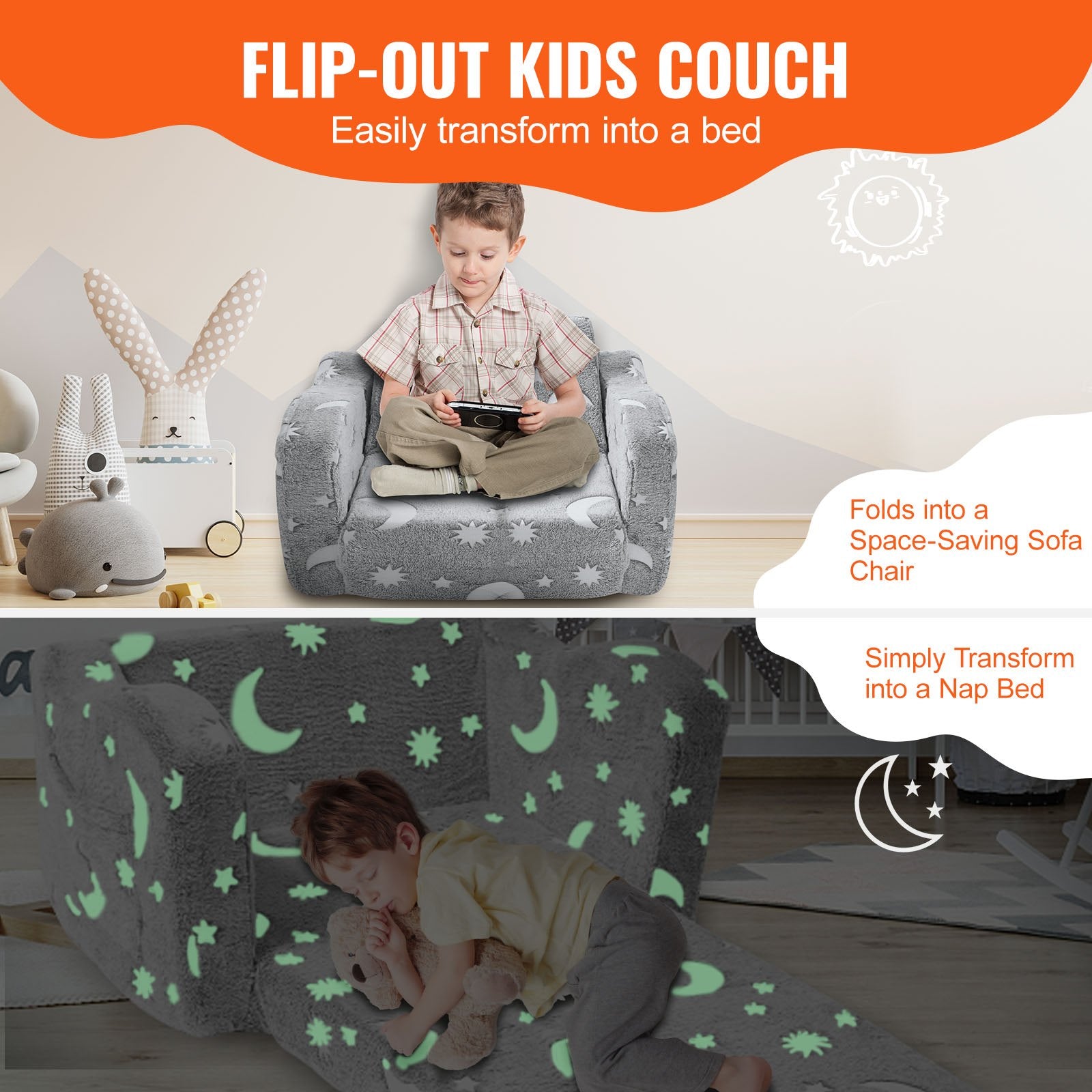 Fold-out Kids Sofa, Glow-in-the-Dark Kids Couch Chair, 2-in-1 Children Convertible Sofa to Lounger, Extra V952-ETSFZDSF00008T8FPV0